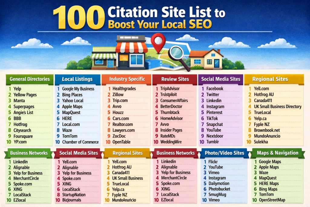 100 citation site list to boost your local SEO including directories, review sites, social media and local listings infographic