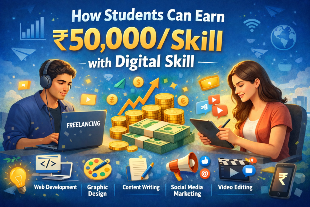 Students earning ₹50,000 per month using digital skill like freelancing, web development, graphic design, content writing, social media marketing, and video editing