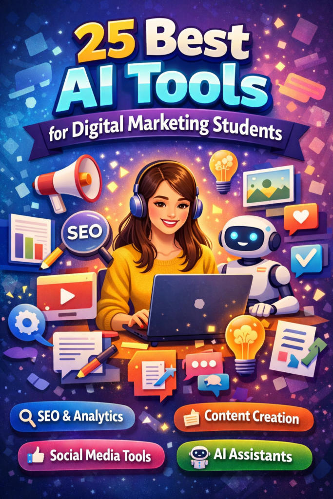 Infographic showing 25 best AI tools for digital marketing students including SEO, content creation, social media marketing, and AI assistants.
