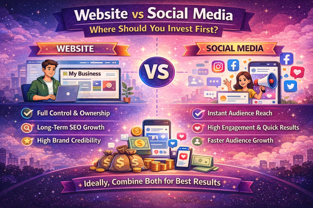 Colorful infographic comparing website and social media marketing, featuring a split design with a person working on a website on one side and a social media creator on the other, highlighting benefits like control, SEO growth, audience reach, and engagement, with a vibrant purple and pink gradient background and decorative icons.