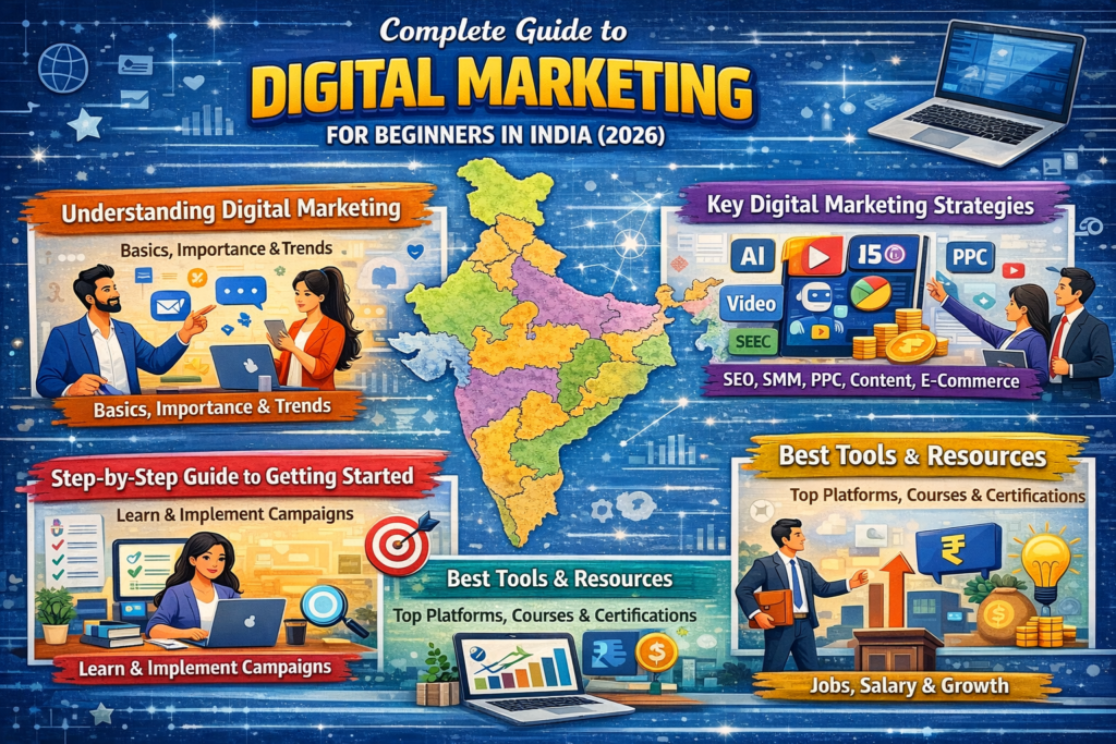 Colorful landscape infographic titled “Complete Guide to Digital Marketing for Beginners in India (2026)” featuring a map of India and sections on basics, strategies, tools, step-by-step guide, and career growth with icons and illustrations.