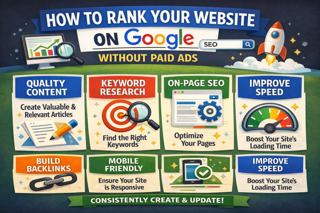 Infographic in 16:9 ratio titled “How to Rank Your Website on Google Without Paid Ads” showing key SEO strategies like quality content creation, keyword research, on-page SEO optimization, building backlinks, mobile-friendly design, and improving website speed with colorful icons and sections.