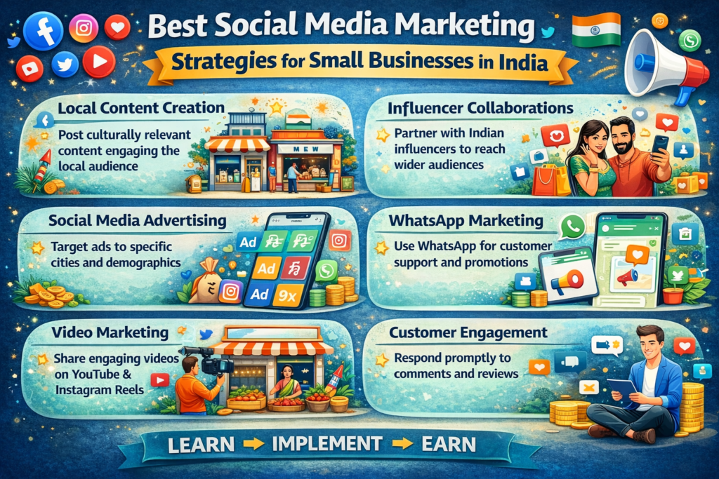 Infographic showing best social media marketing strategies for small businesses in India, including local content, influencer marketing, ads, WhatsApp marketing, video content, and customer engagement.