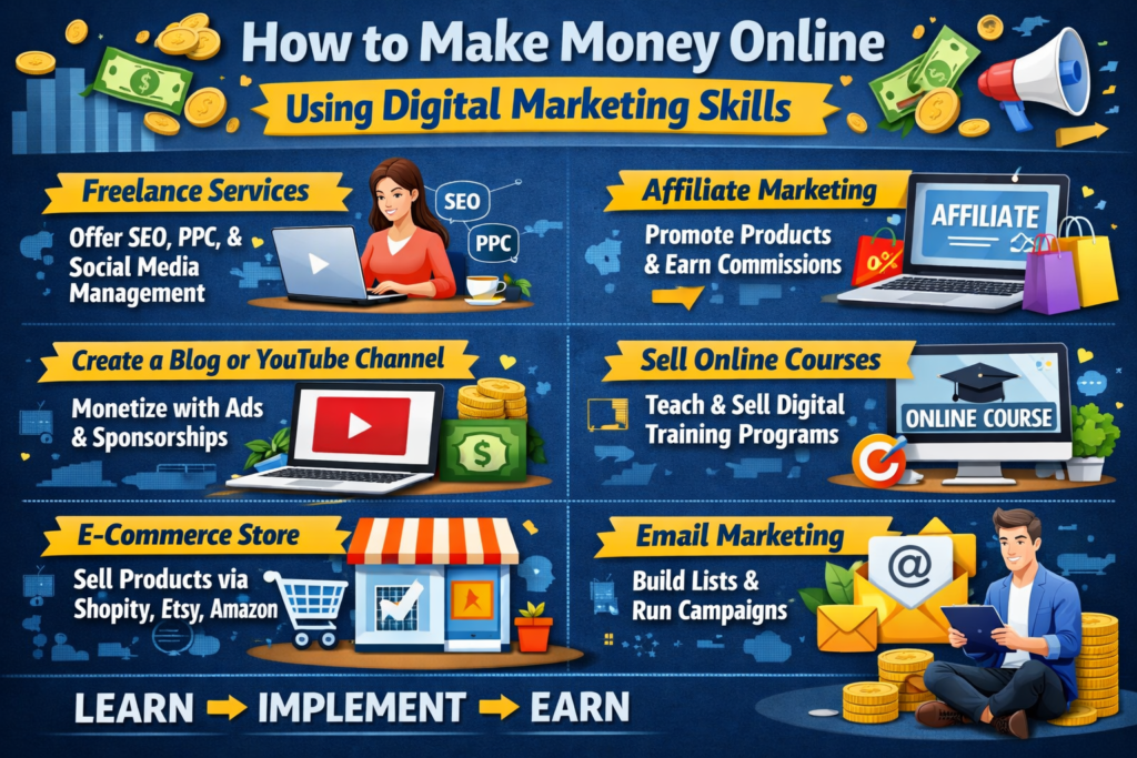 Infographic showing how to make money online using digital marketing skills, including freelancing, affiliate marketing, blogging, online courses, e-commerce, and email marketing.