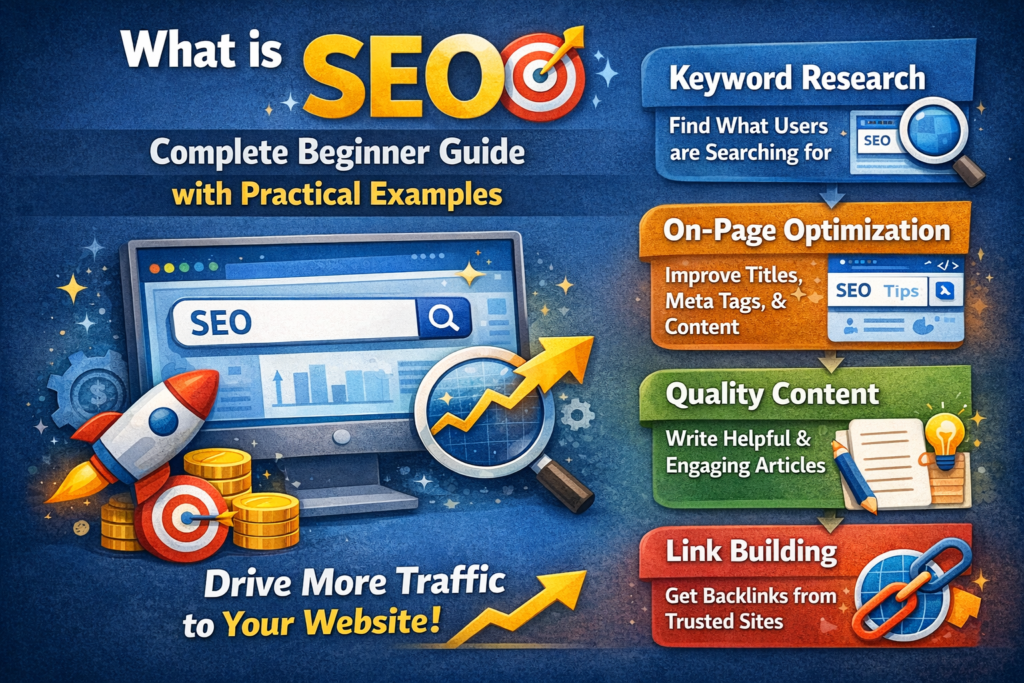 A colorful 16:9 infographic titled “What is SEO? Complete Beginner Guide with Practical Examples,” featuring sections on keyword research, on-page optimization, quality content, and link building, with icons like a magnifying glass, rocket, and growth chart, illustrating how SEO drives website traffic.