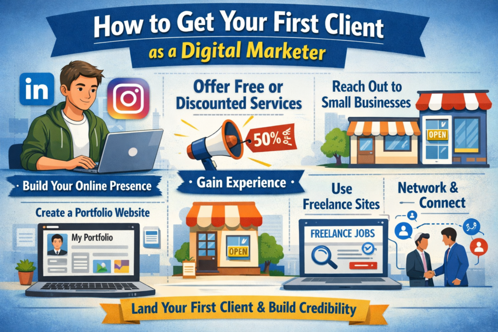 Infographic showing steps to get your first client as a digital marketer, including building an online presence, creating a portfolio, offering discounted services, reaching out to small businesses, using freelance platforms, and networking to gain experience and credibility.