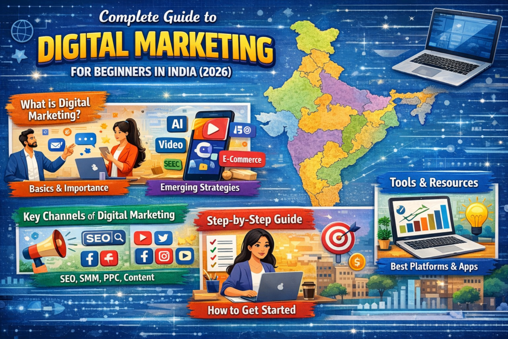 Colorful landscape infographic titled “Complete Guide to Digital Marketing for Beginners in India (2026)” featuring a map of India and sections on basics, strategies, tools, step-by-step guide, and career growth with icons and illustrations.