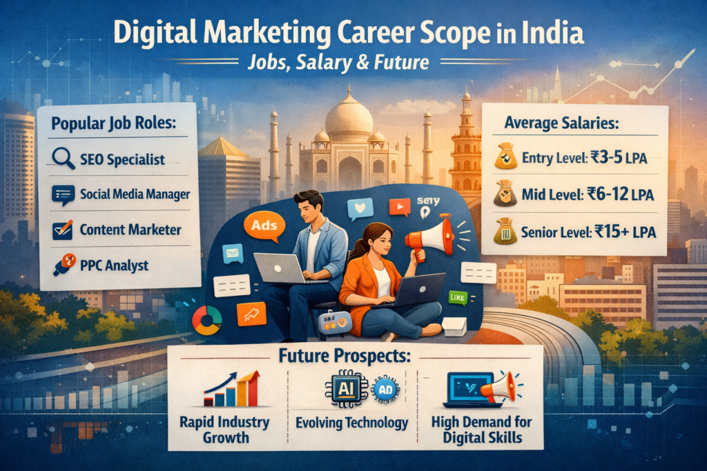 Infographic titled “Digital Marketing Career Scope in India: Jobs, Salary & Future” showing roles like SEO Specialist, Social Media Manager, Content Marketer, PPC Analyst, along with salary ranges (₹3–5 LPA entry, ₹6–12 LPA mid, ₹15+ LPA senior) and future trends like industry growth, AI, and high demand for digital skills, set against an Indian cityscape background with professionals working on laptops.