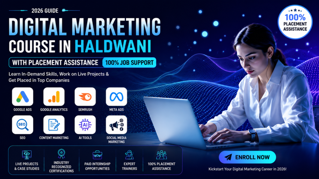 Professional digital marketing course banner in Haldwani featuring a young woman working on a laptop with futuristic blue digital wave background, showcasing SEO, Google Ads, AI tools, social media marketing, placement assistance, and live project training in a 16:9 promotional design.